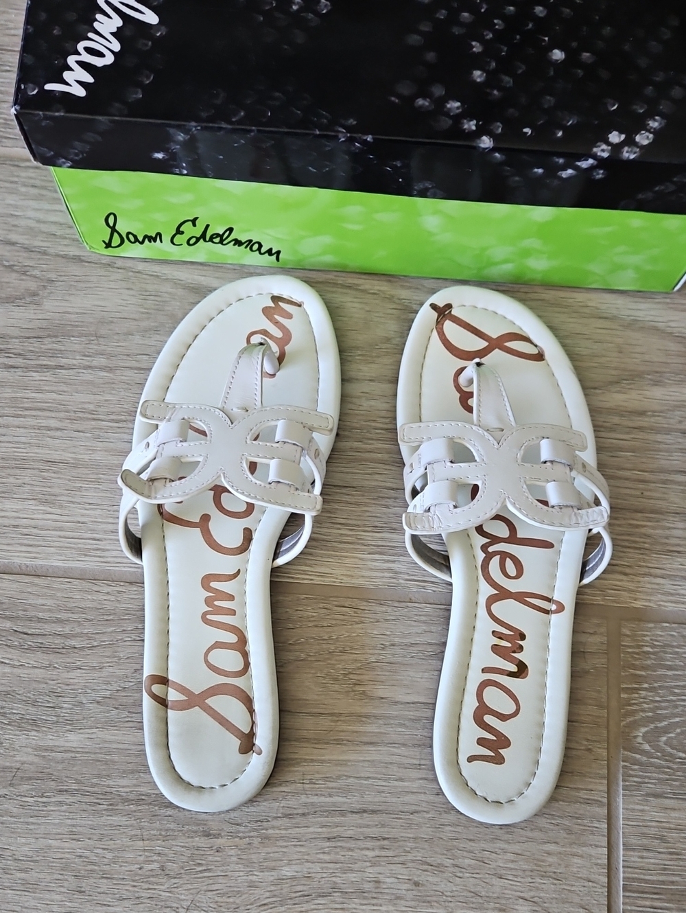 Sam Edelman Cream Leather Slide Sandals with Cutout Logo